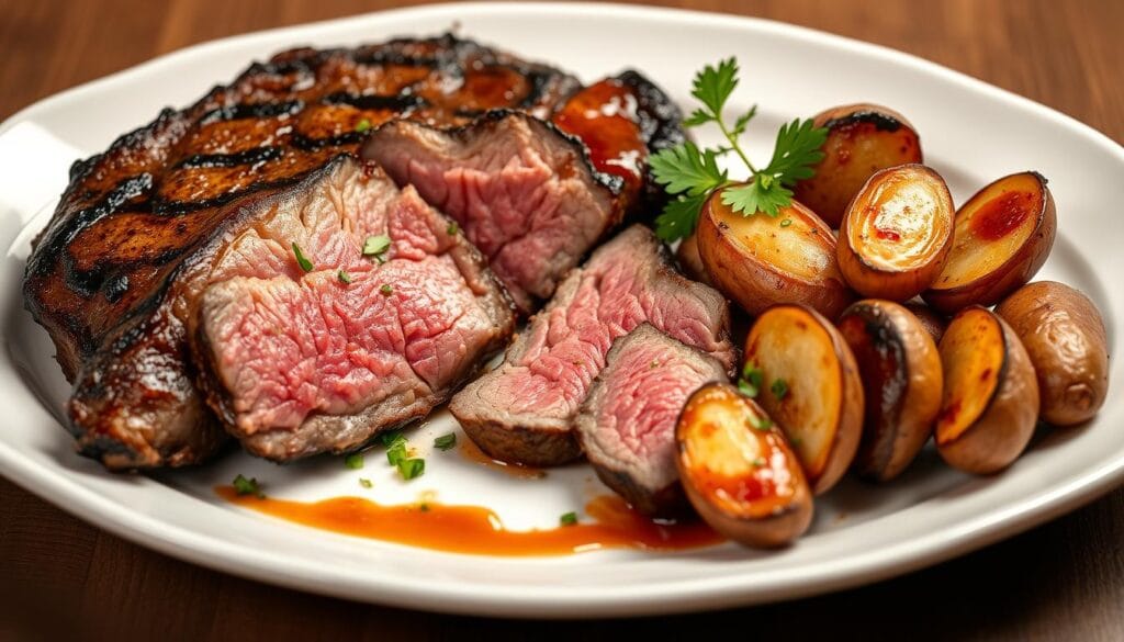 Elegant steak and potatoes meal presentation Elegant steak and potatoes meal presentation