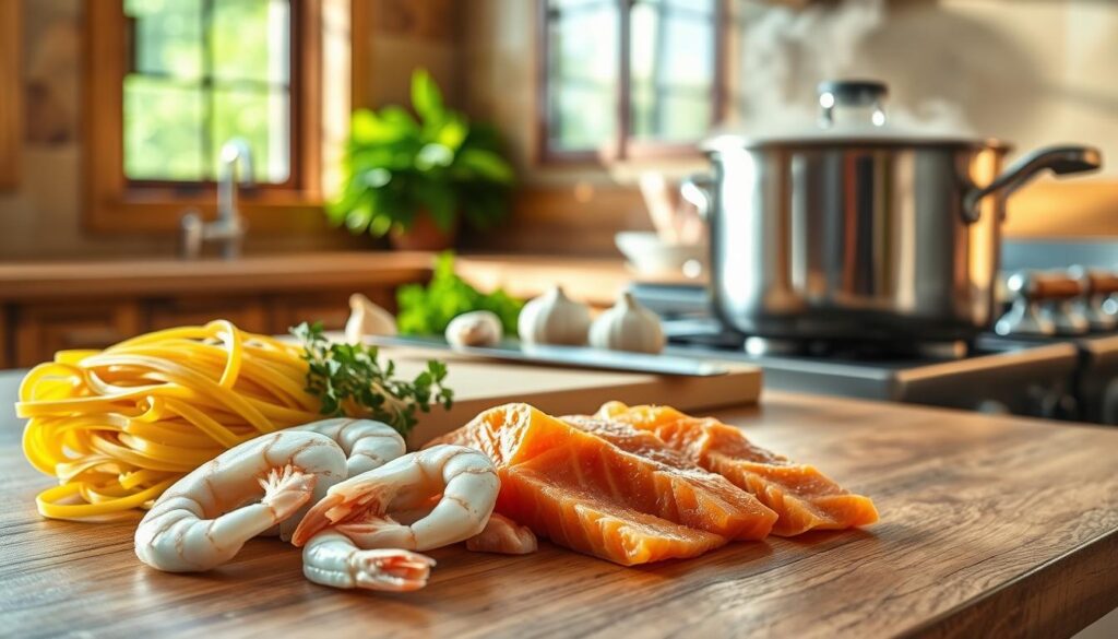 Shrimp and Salmon Pasta Preparation Shrimp and Salmon Pasta Preparation
